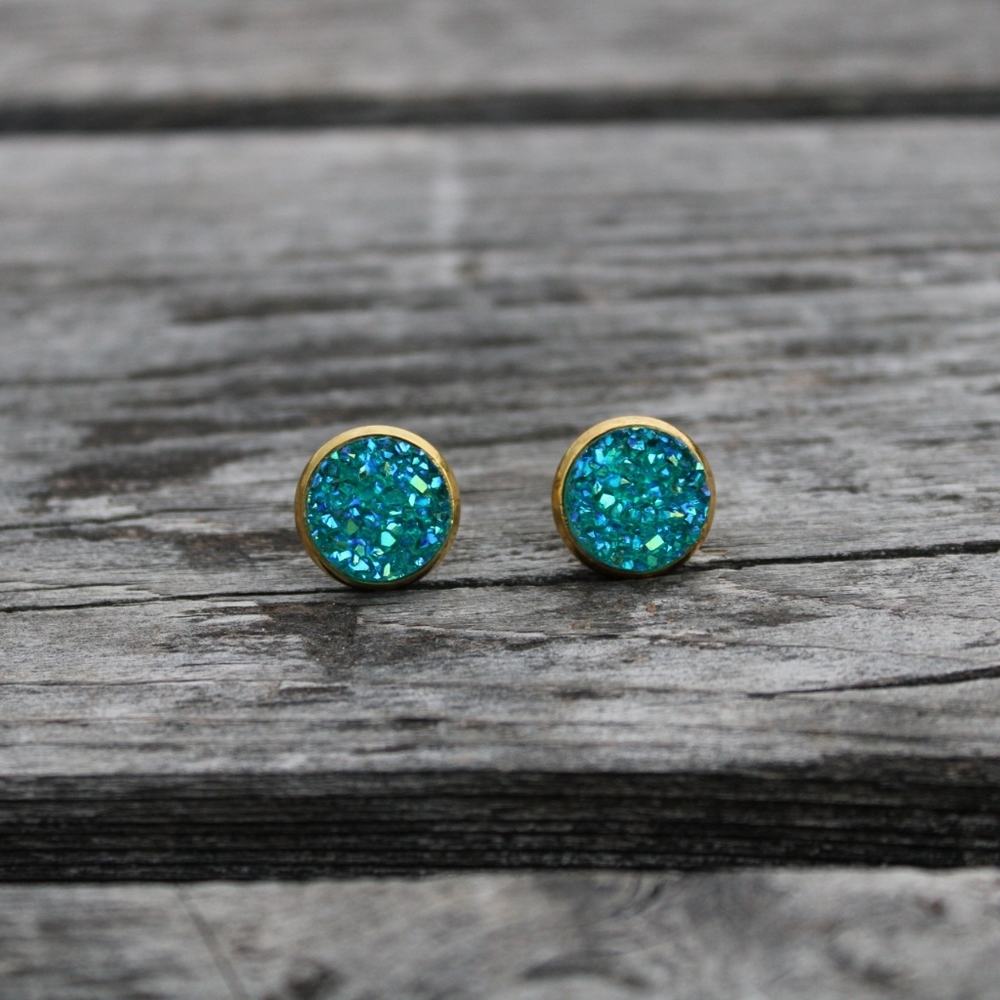 Gold Mermaid Teal Druzy Geode stud earrings